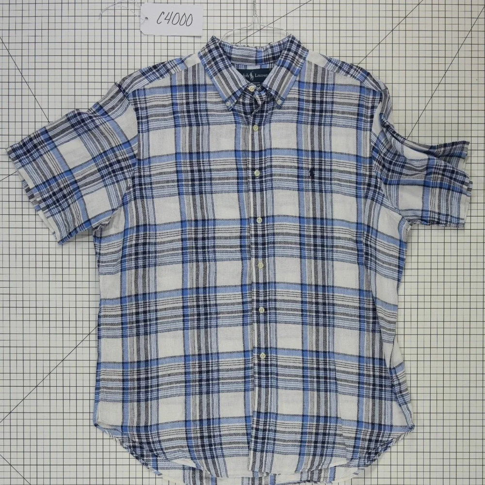 Polo Ralph Lauren Button Down Men's Size XL Blue White‎ Plaid Linen Cotton S/S
